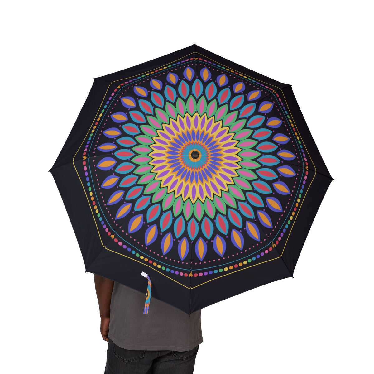Person holding the Zähringen jewel mandala folding umbrella, canopy from above