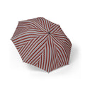 The Harcourt regimental stripe folding umbrella, open, seen from above — oxblood, ivory and slate stripes across eight panels