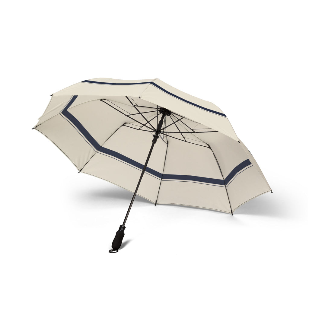 The Mowbray ivory navy-border umbrella, underside with eight ribs
