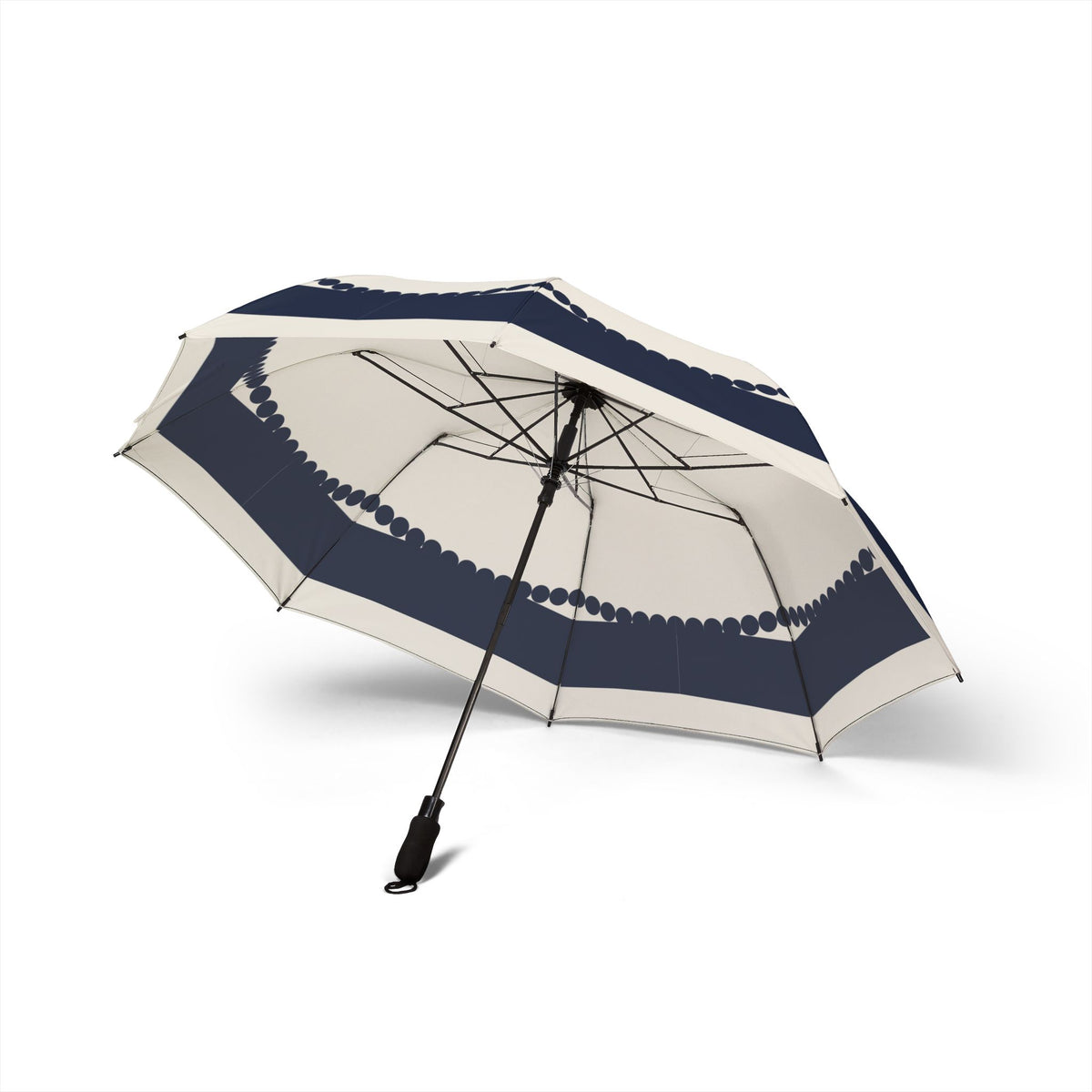 The Wyndham navy scallop umbrella, underside with eight ribs
