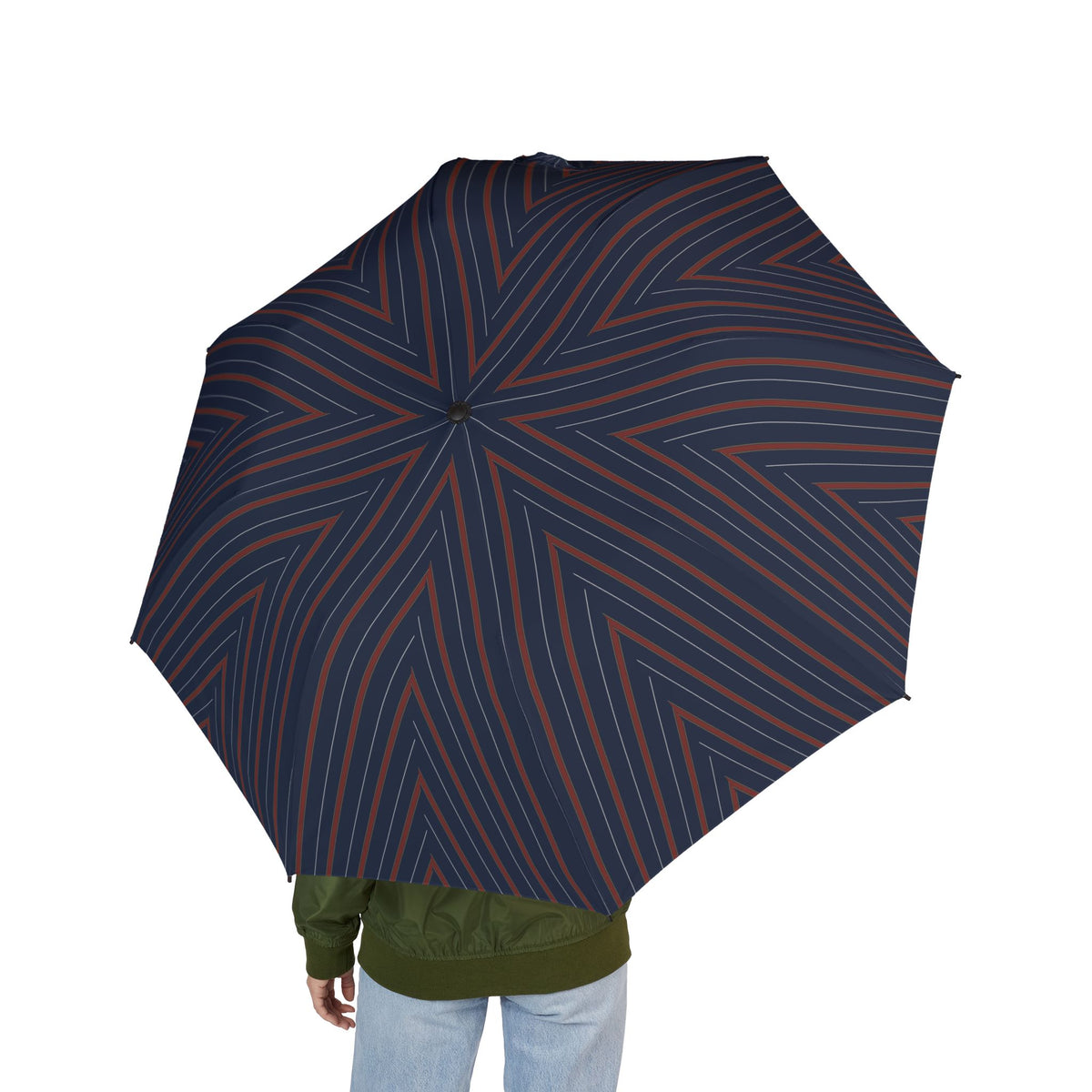 Person holding the Villeroy club stripe folding umbrella, seen from behind
