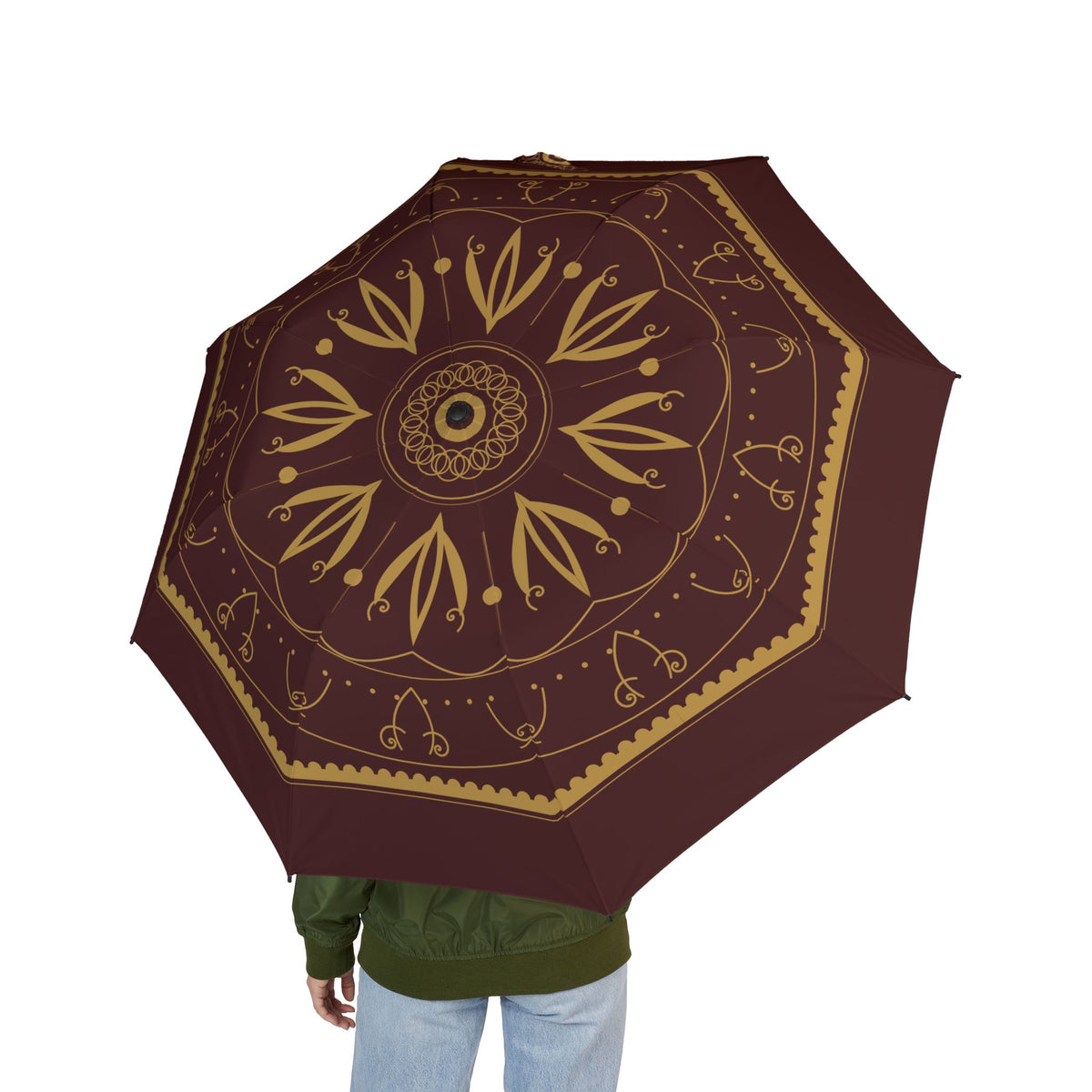 Person holding the Habsburg baroque damask folding umbrella, seen from behind
