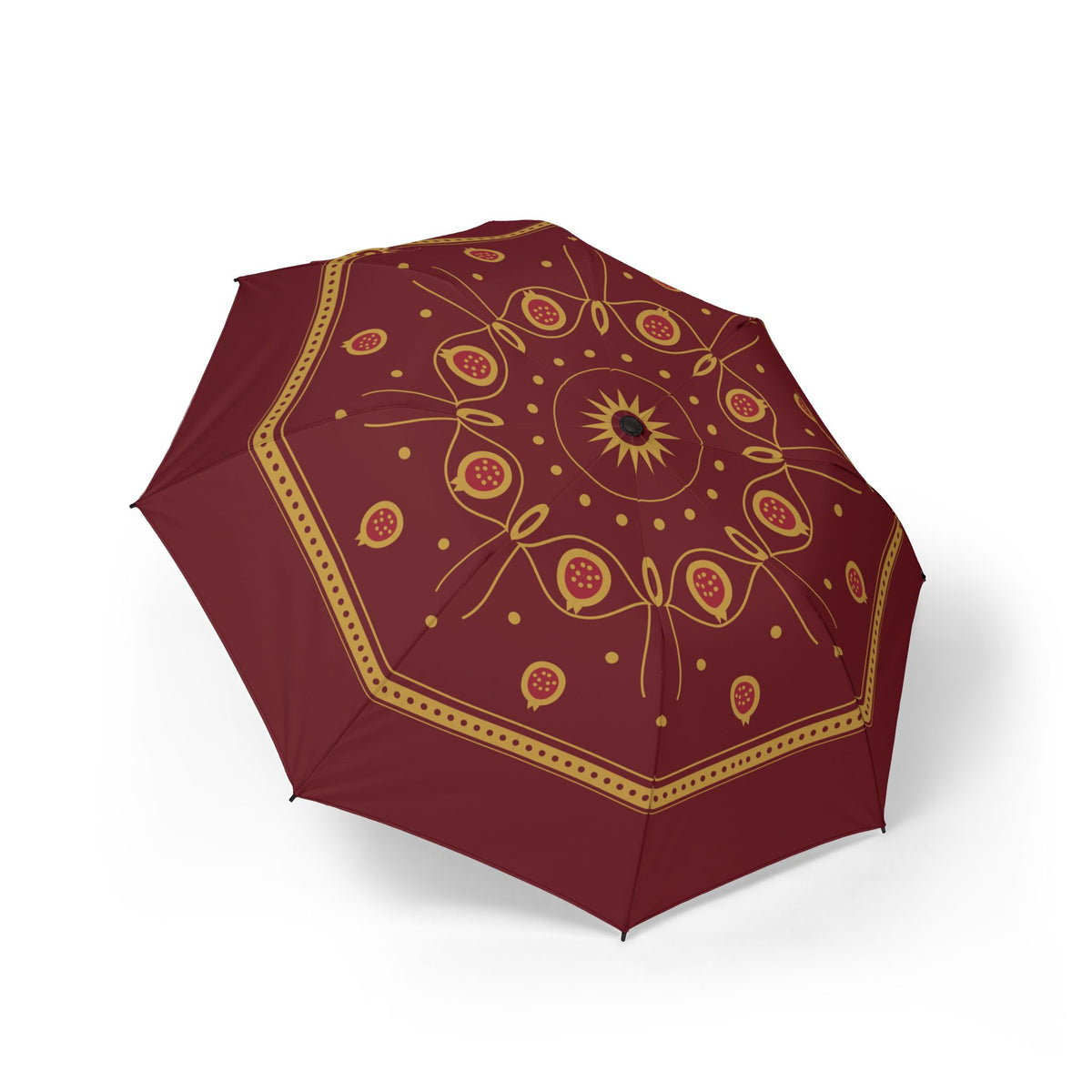 The Ruspoli pomegranate brocade folding umbrella, open, seen from above