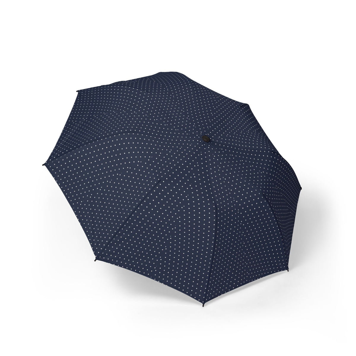 The Lusignan navy pin dot folding umbrella, open, seen from above