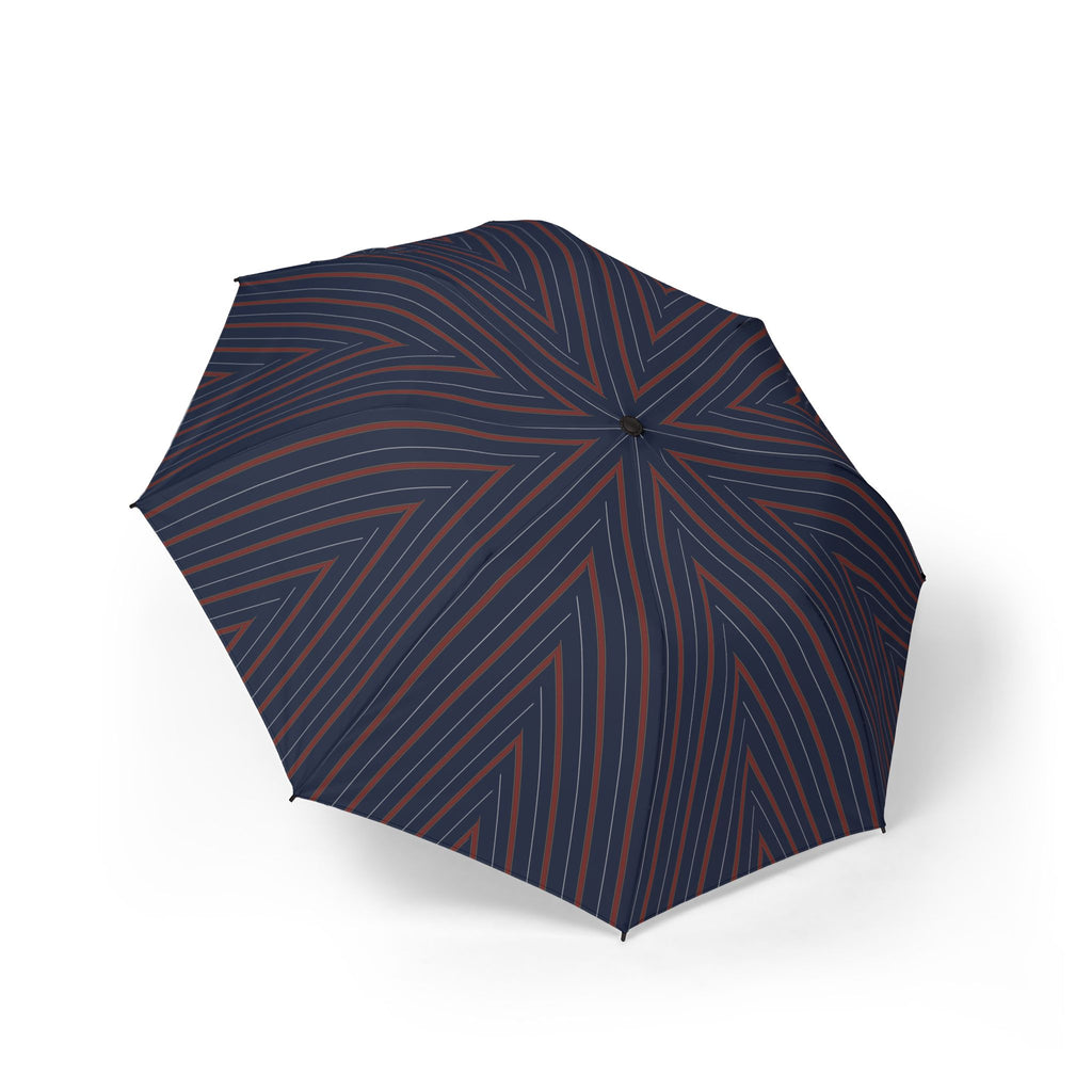 The Villeroy navy club stripe folding umbrella, open, seen from above — oxblood and gold bands