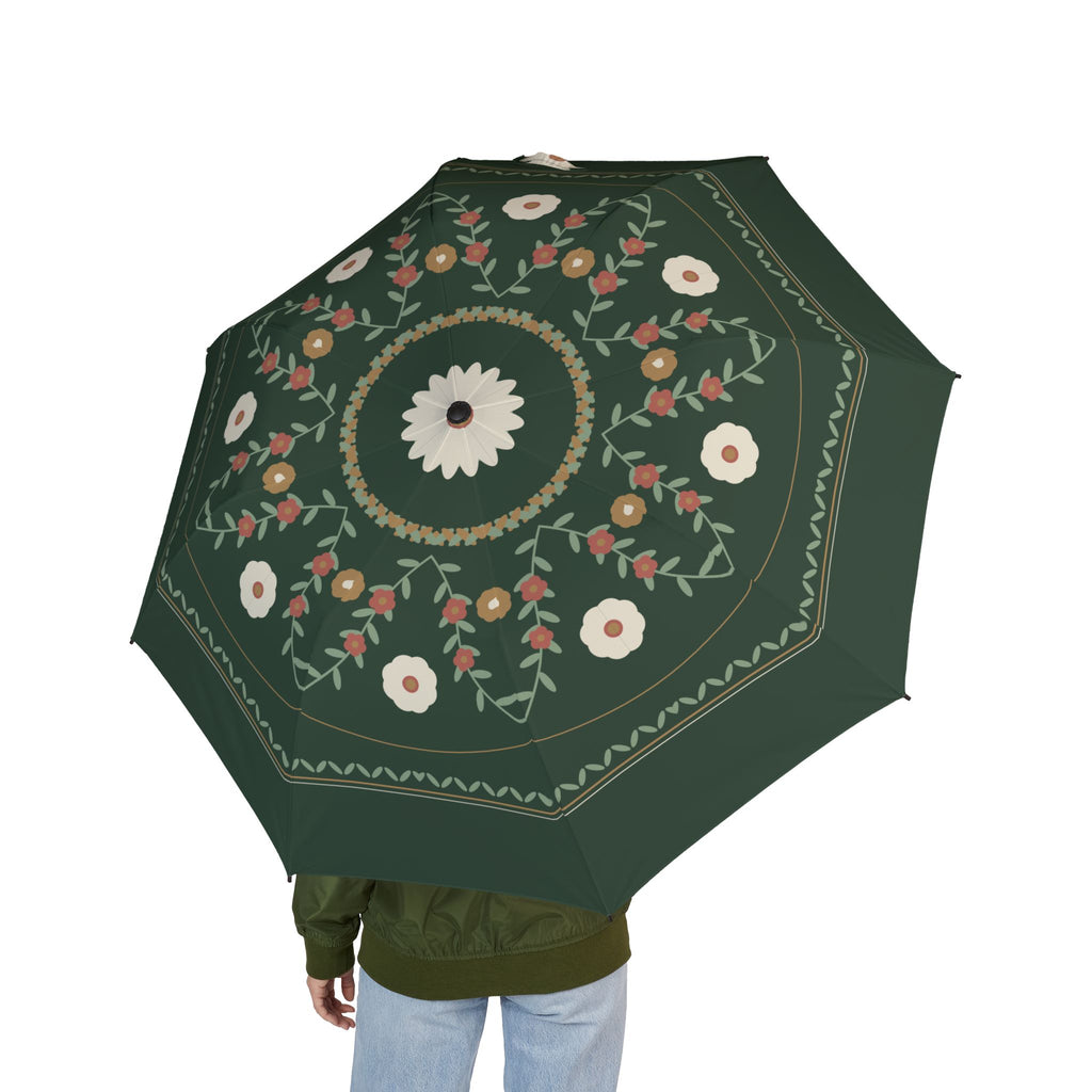 Person holding the Savoy botanical garden folding umbrella, seen from behind