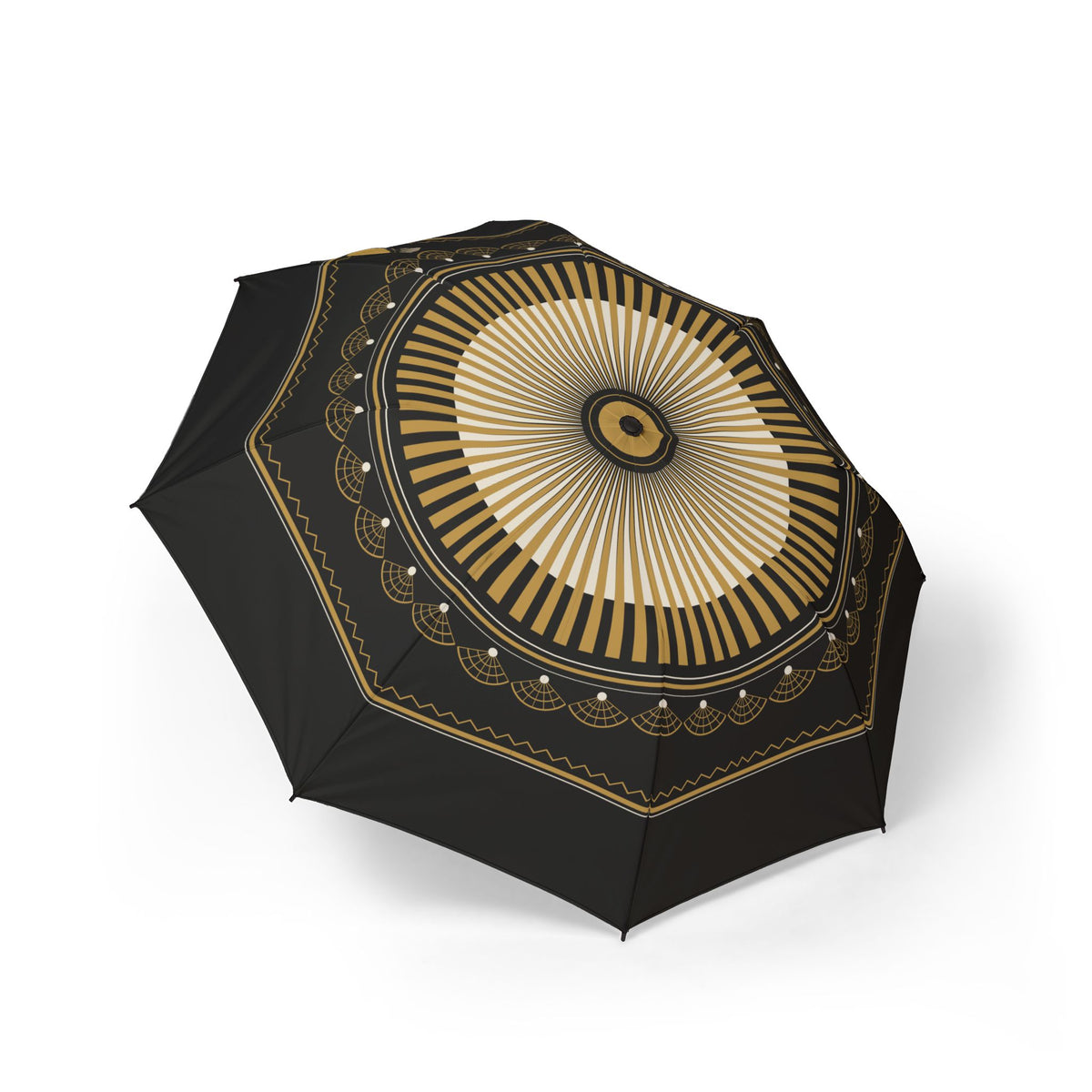The Bourbon art deco sunburst folding umbrella, open, seen from above
