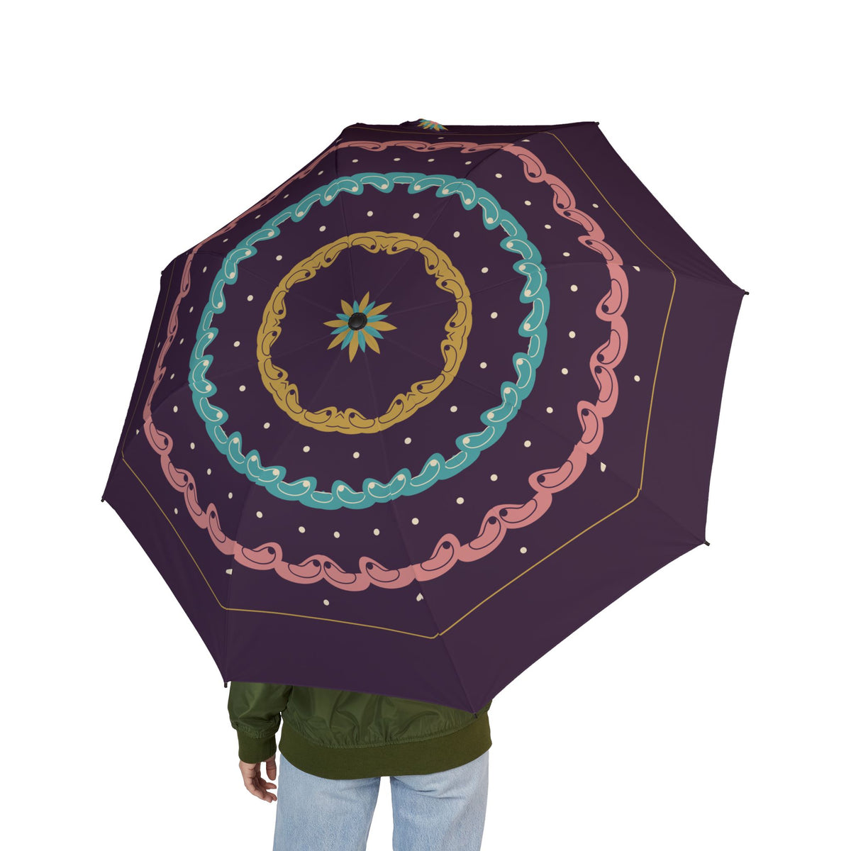 Person holding the Contarini paisley folding umbrella, seen from behind