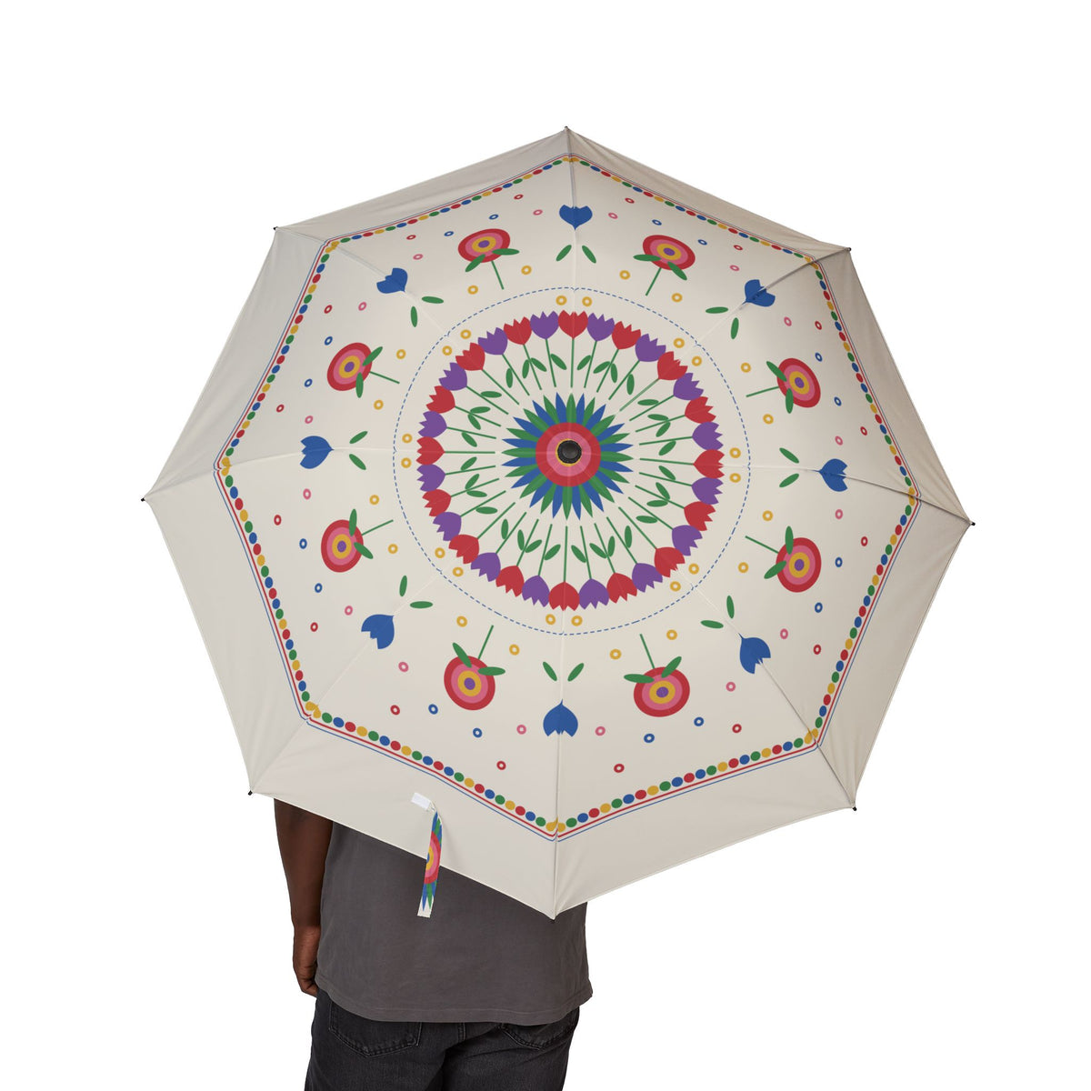 Person holding the Esterházy Kalocsa floral folding umbrella, canopy from above