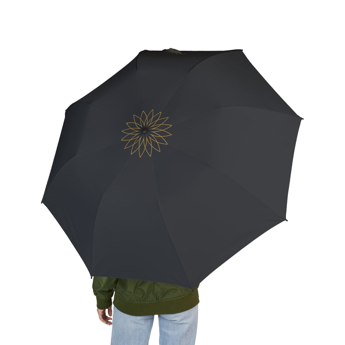 Person holding the Stafford gold rosette folding umbrella, seen from behind