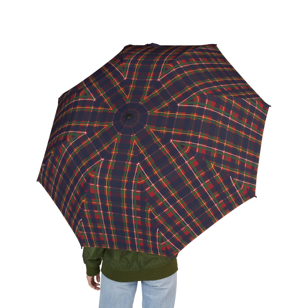 Person holding the Stuart royal tartan folding umbrella, seen from behind