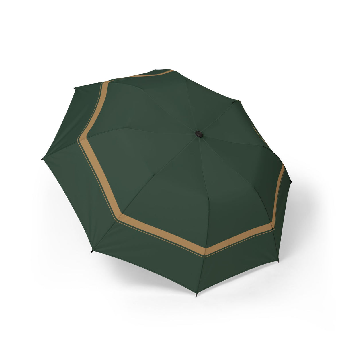 The Sforza green camel-border folding umbrella, open, seen from above