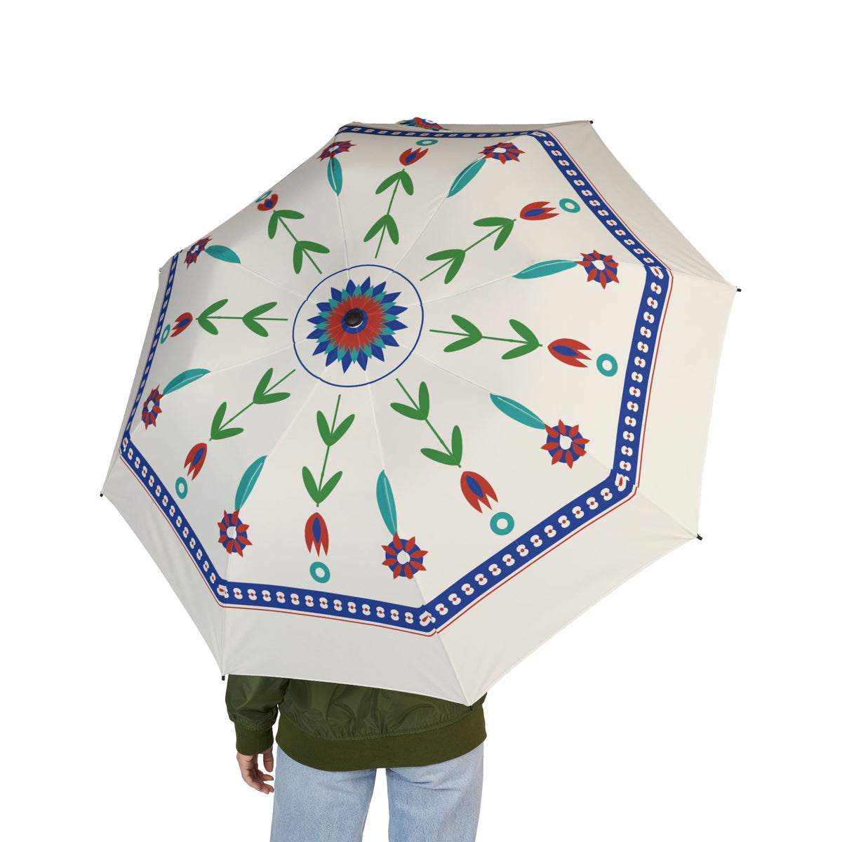 Person holding the Osman Iznik tulip folding umbrella, seen from behind
