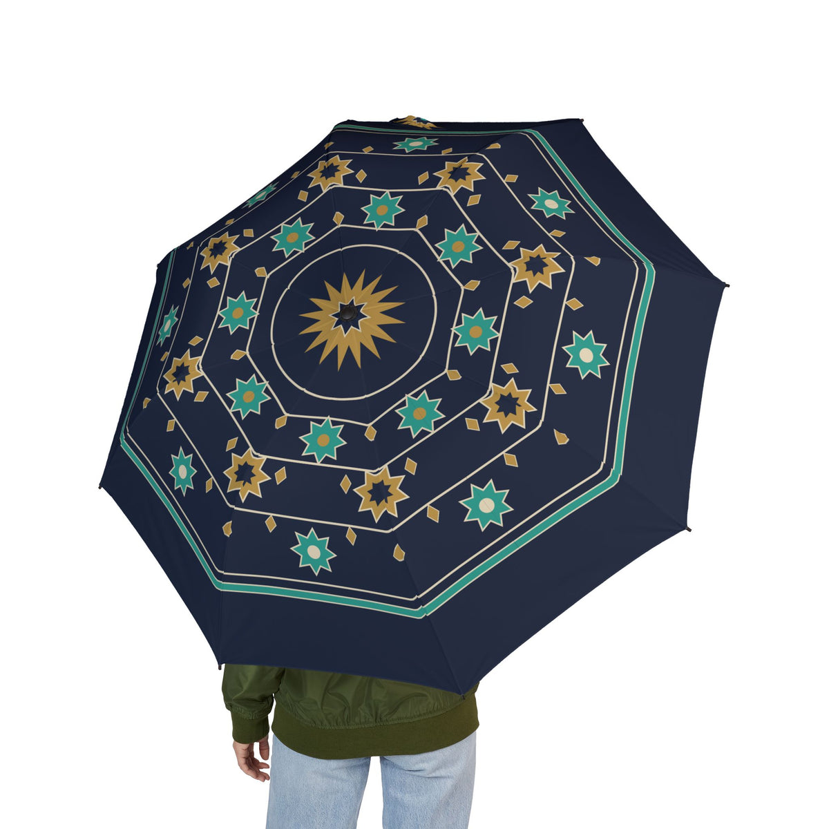 Person holding the Aldobrandini Moorish star folding umbrella, seen from behind