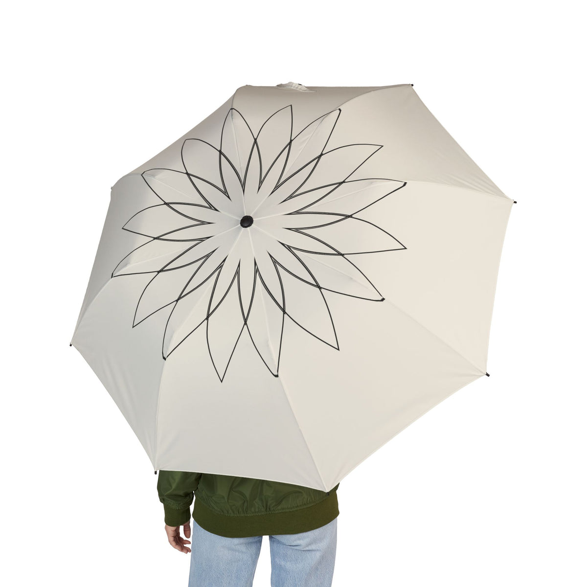 Person holding the Hesse line flower folding umbrella, seen from behind