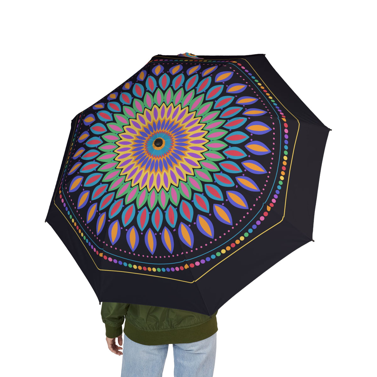 Person holding the Zähringen jewel mandala folding umbrella, seen from behind