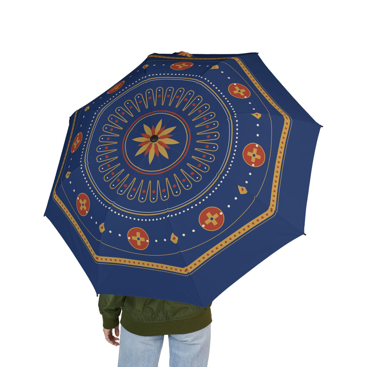 Person holding the Nemanjić Byzantine fresco folding umbrella, seen from behind