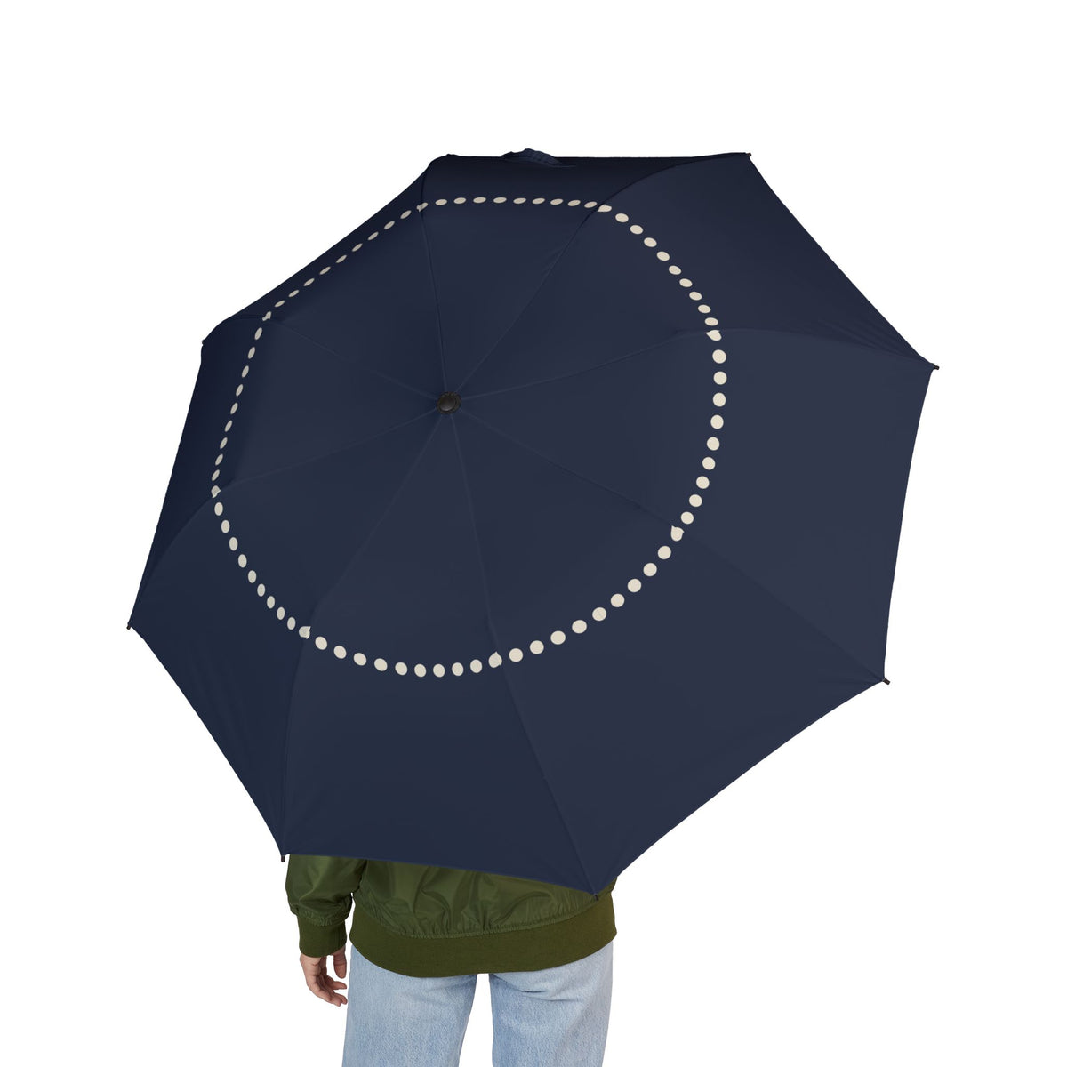 Person holding the Spencer pearl ring folding umbrella, seen from behind