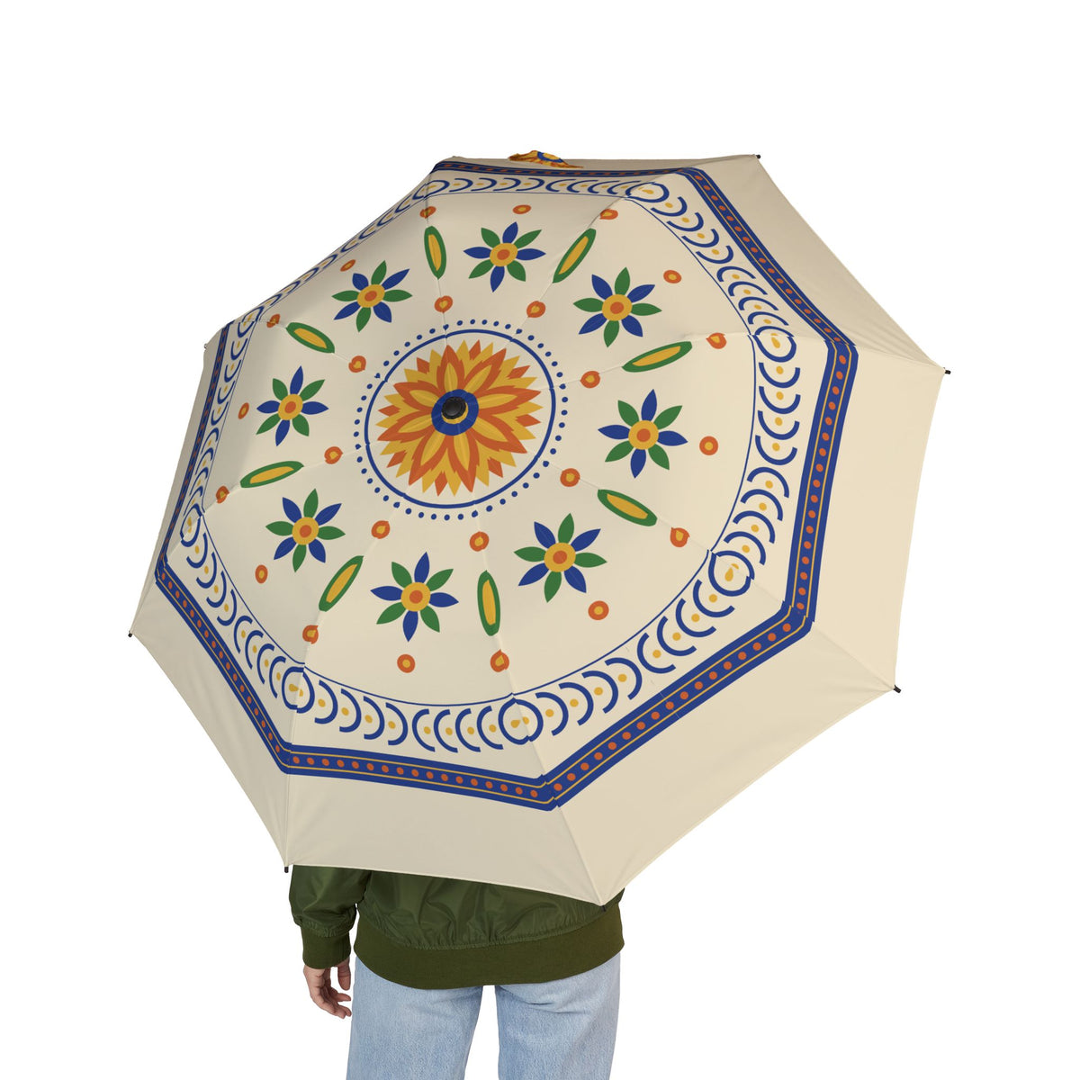 Person holding the Trastámara Talavera tile folding umbrella, seen from behind