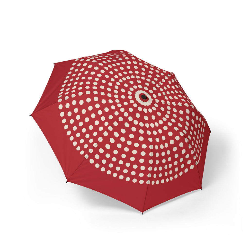The Seymour red polka dot folding umbrella, open, seen from above