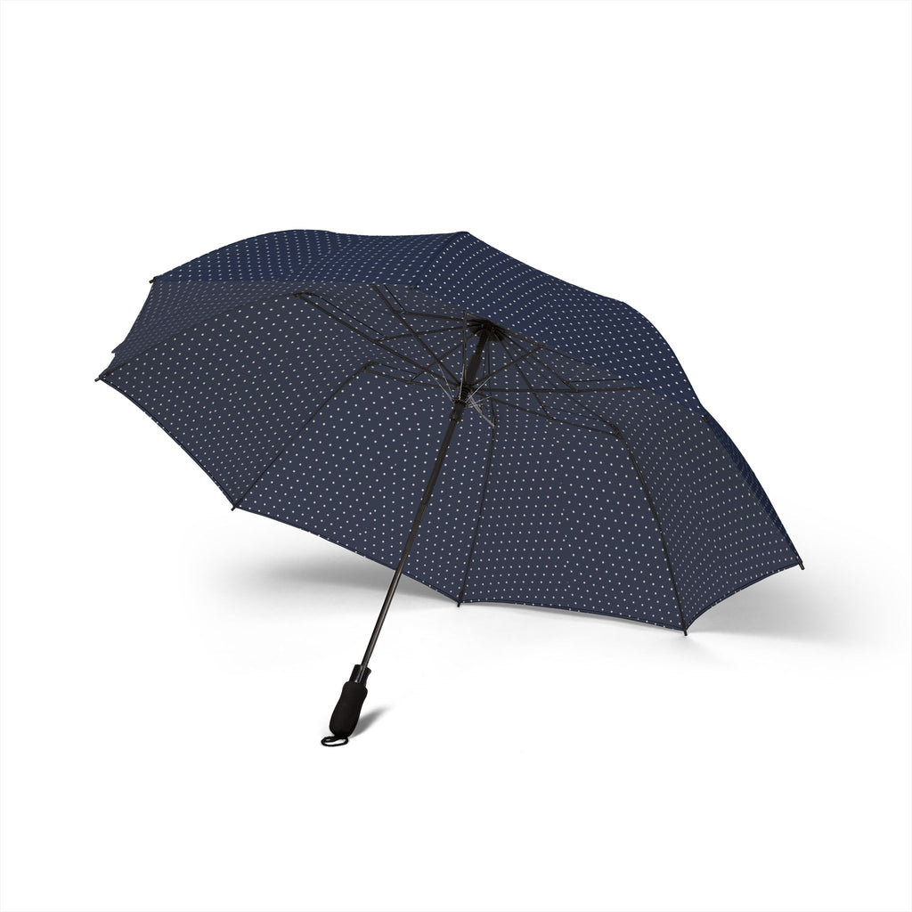 The Lusignan navy pin dot umbrella, underside with eight fibreglass ribs