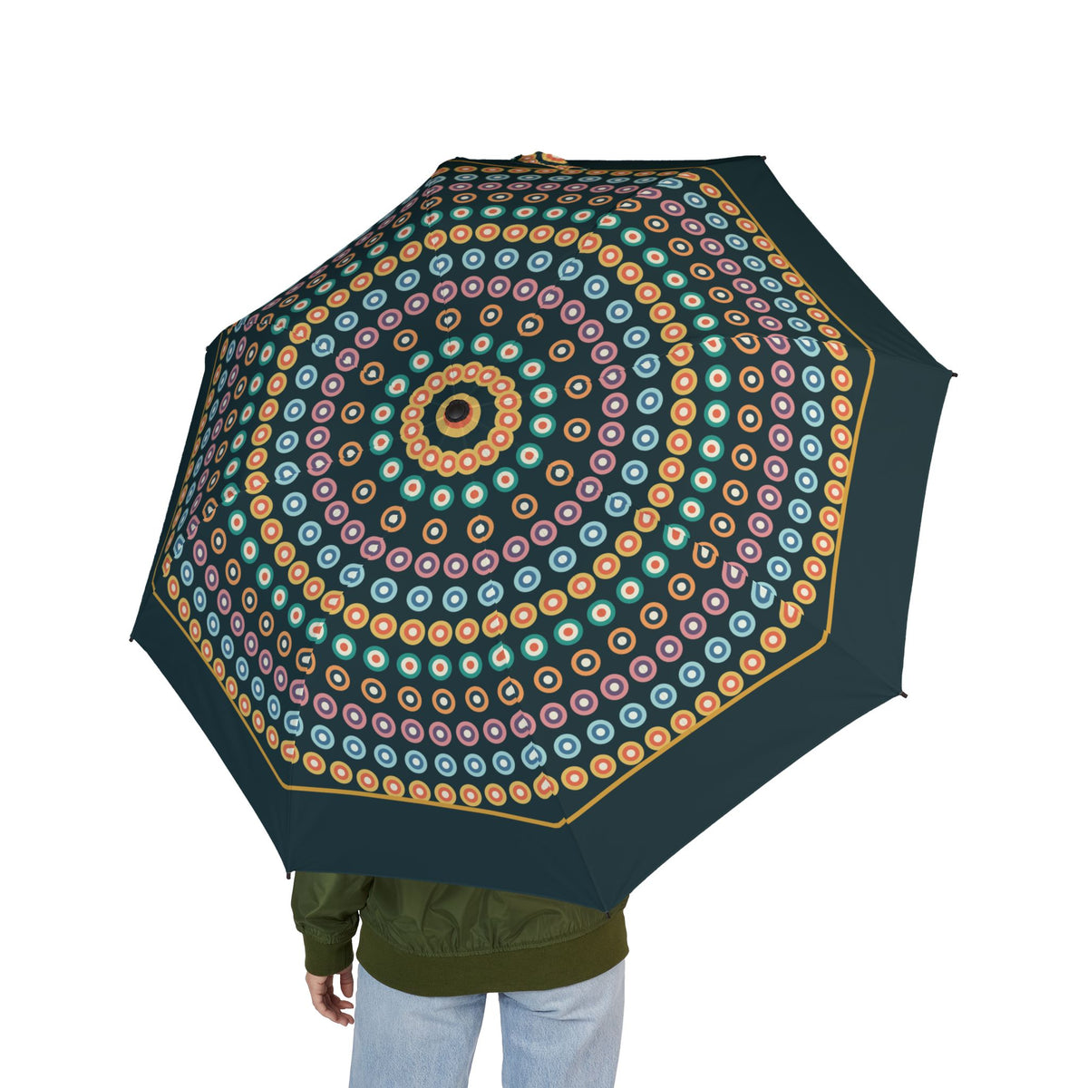 Person holding the Morosini Murano millefiori folding umbrella, seen from behind