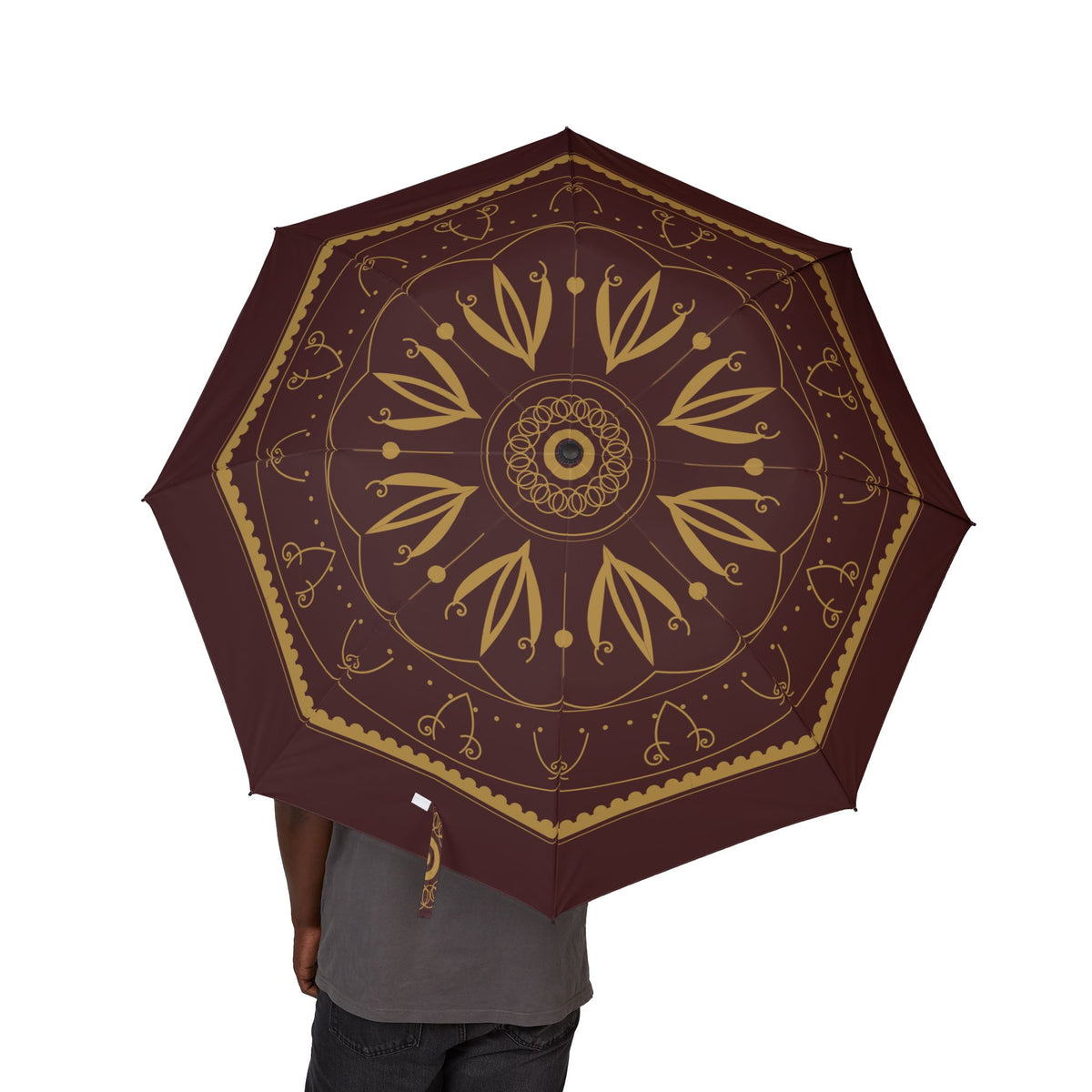 Person holding the Habsburg baroque damask folding umbrella, canopy from above