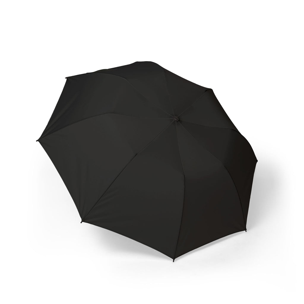 The Montmorency solid ink black folding umbrella, open, seen from above