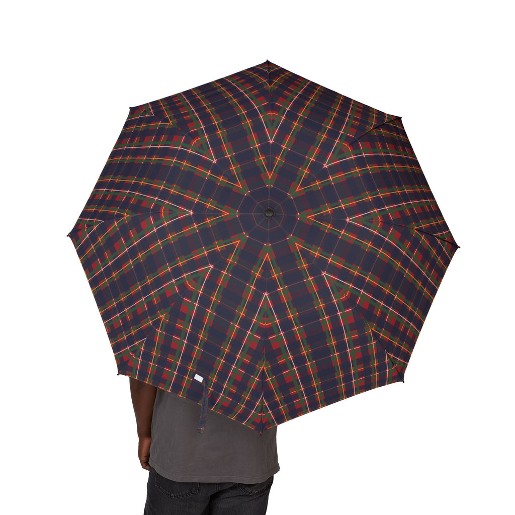 Person holding the Stuart royal tartan folding umbrella, canopy from above