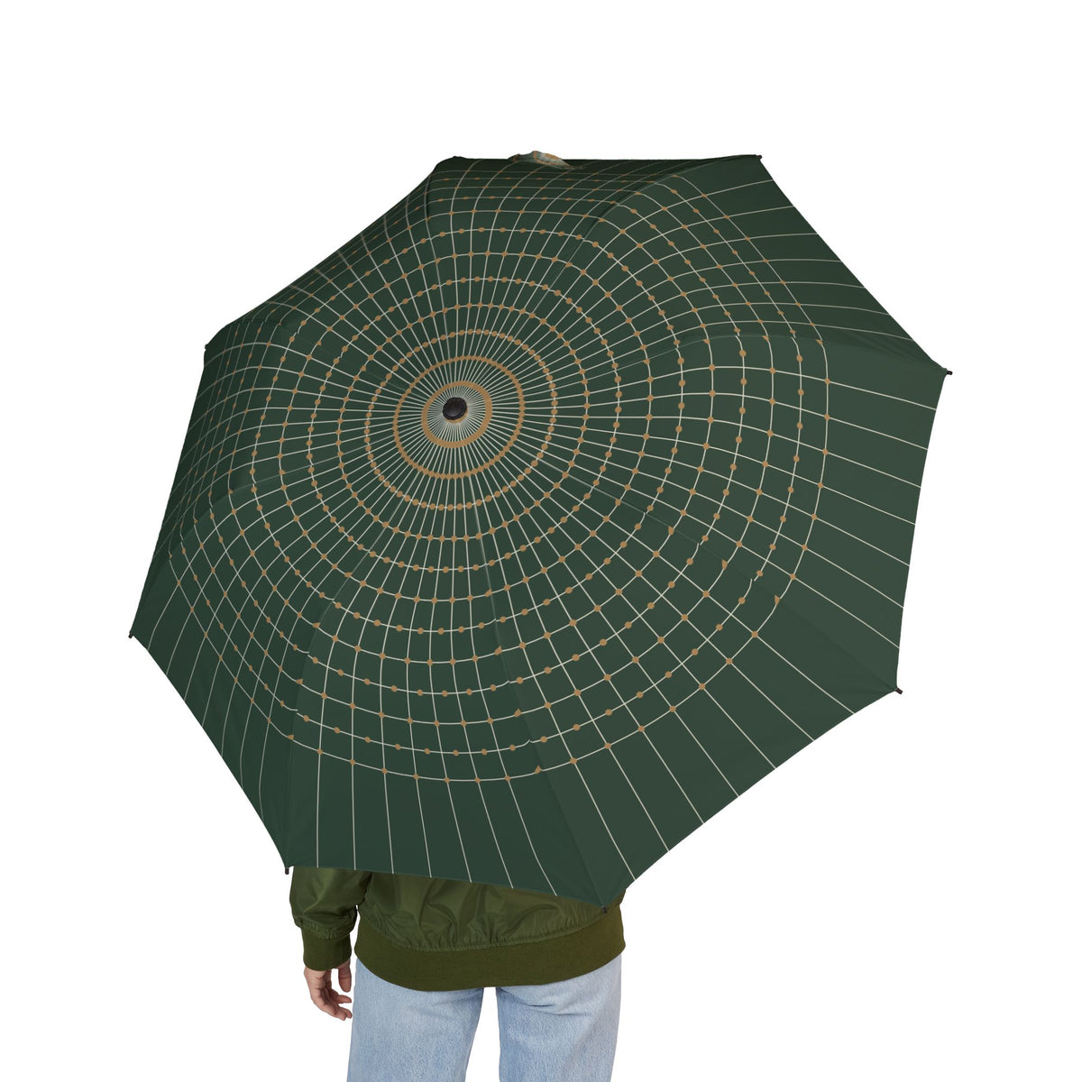 Person holding the Howard garden trellis folding umbrella, seen from behind