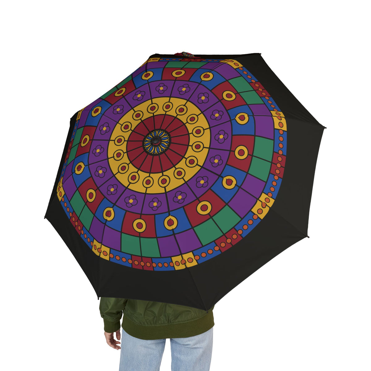 Person holding the Visconti rose window folding umbrella, seen from behind