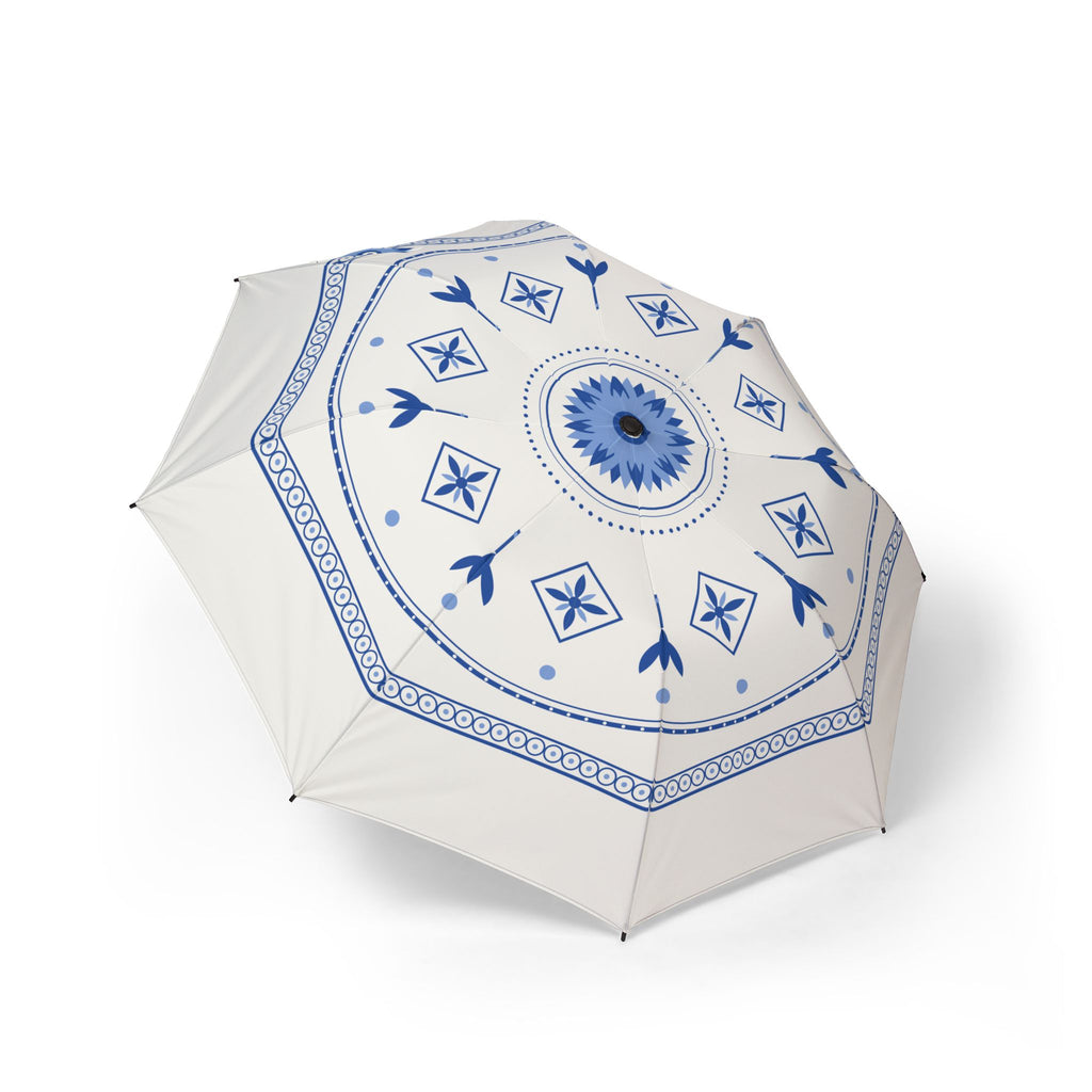 The Orange-Nassau Delft blue folding umbrella, open, seen from above