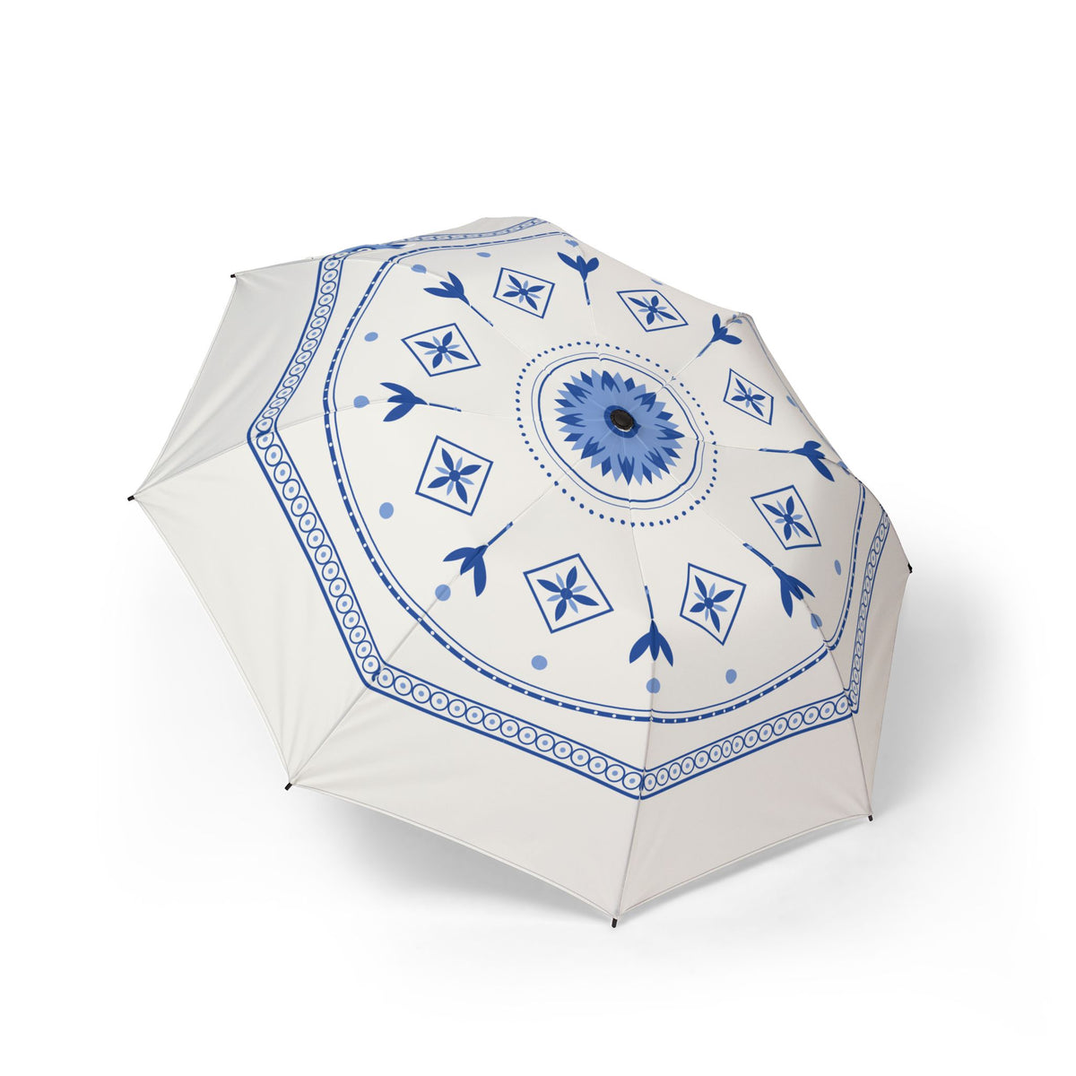 The Orange-Nassau Delft blue folding umbrella, open, seen from above