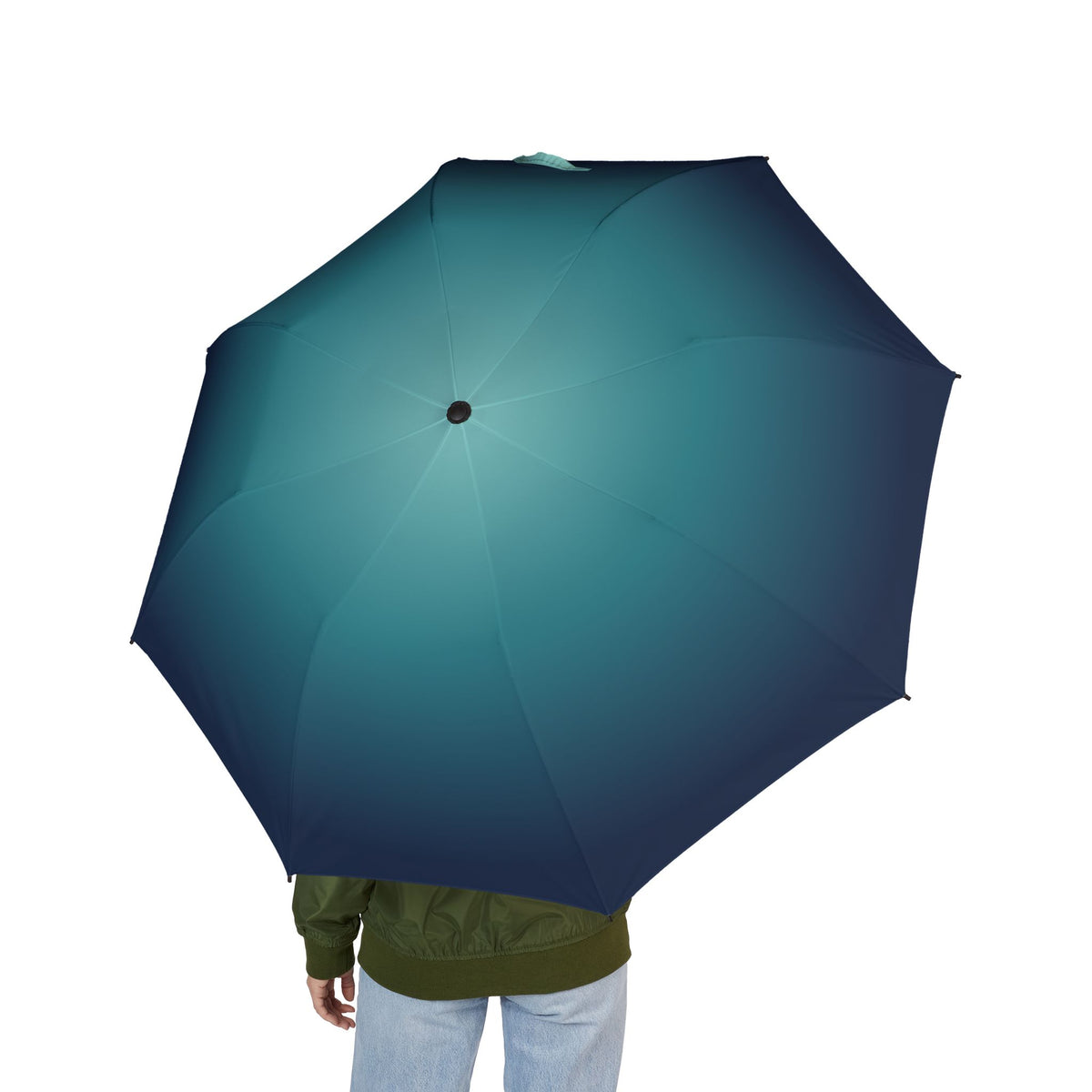 Person holding the Wellesley ocean ombré folding umbrella, seen from behind