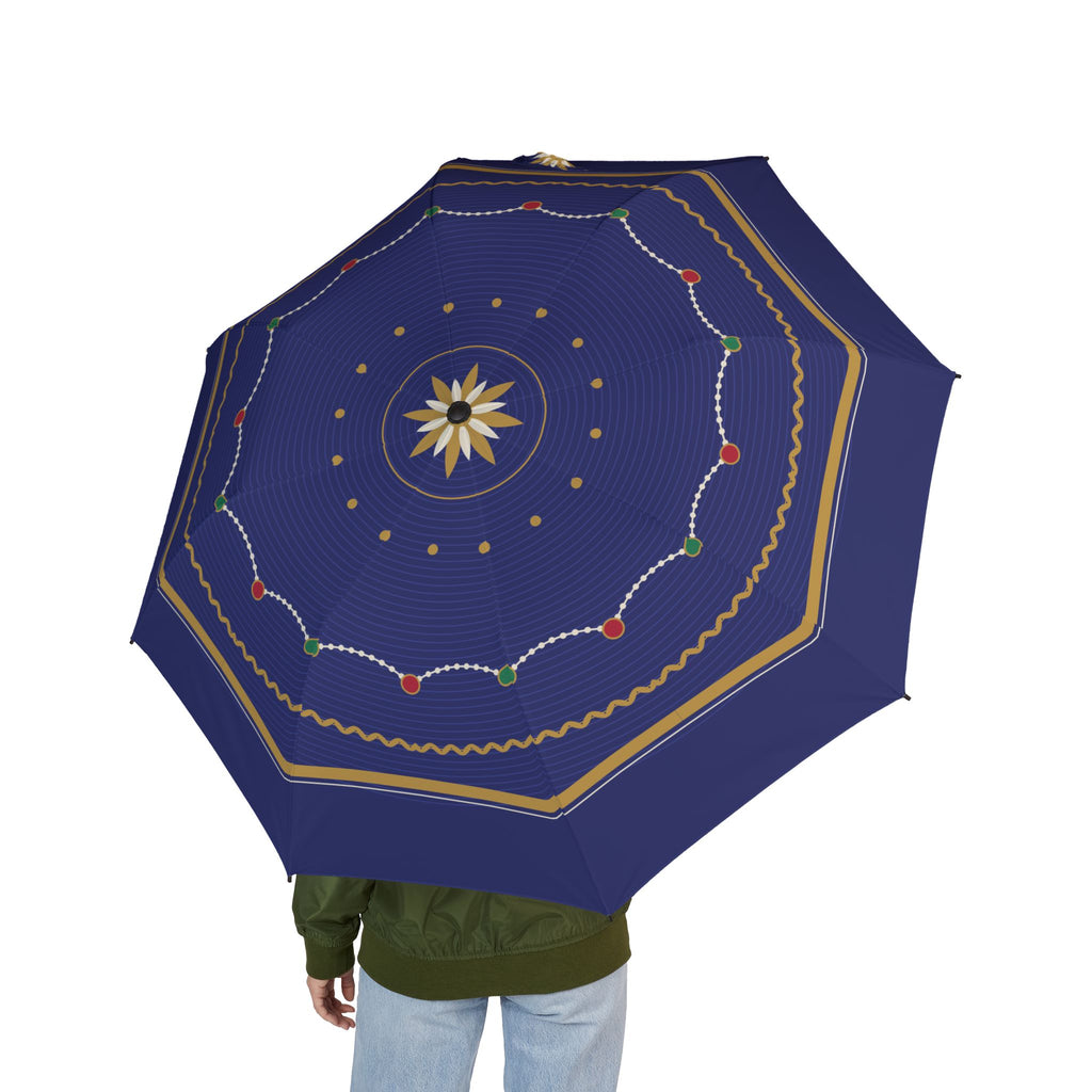 Person holding the Romanov imperial guilloché folding umbrella, seen from behind