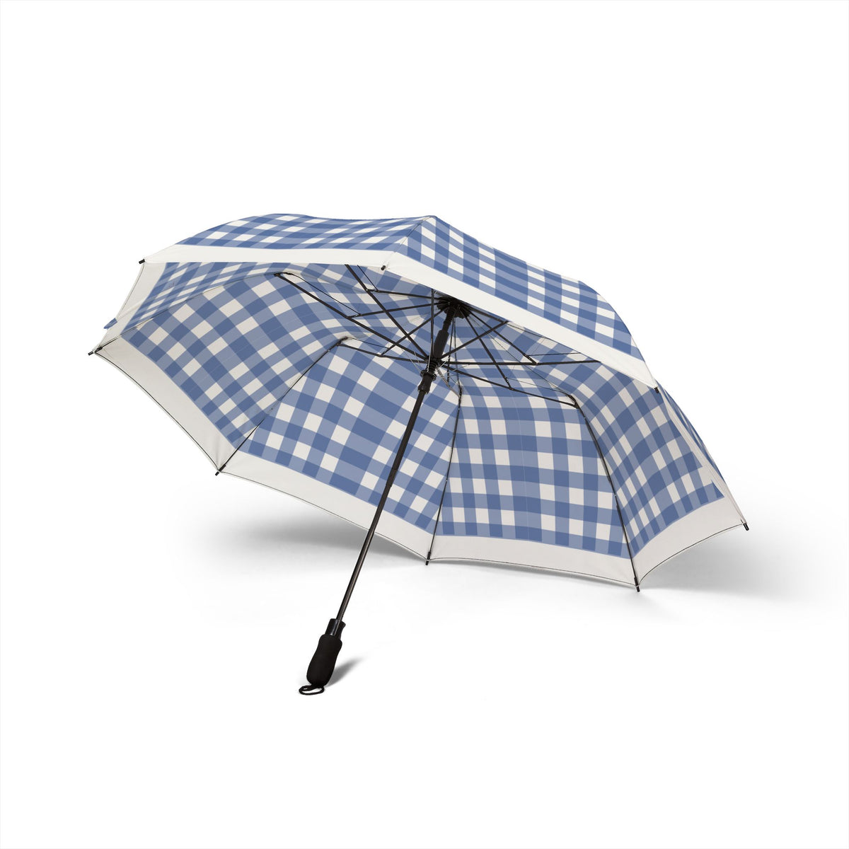 The Hanover navy gingham umbrella, underside with eight ribs