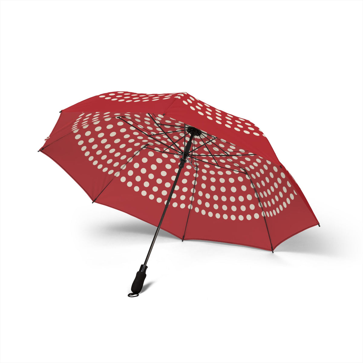 The Seymour red polka dot umbrella, underside with eight ribs