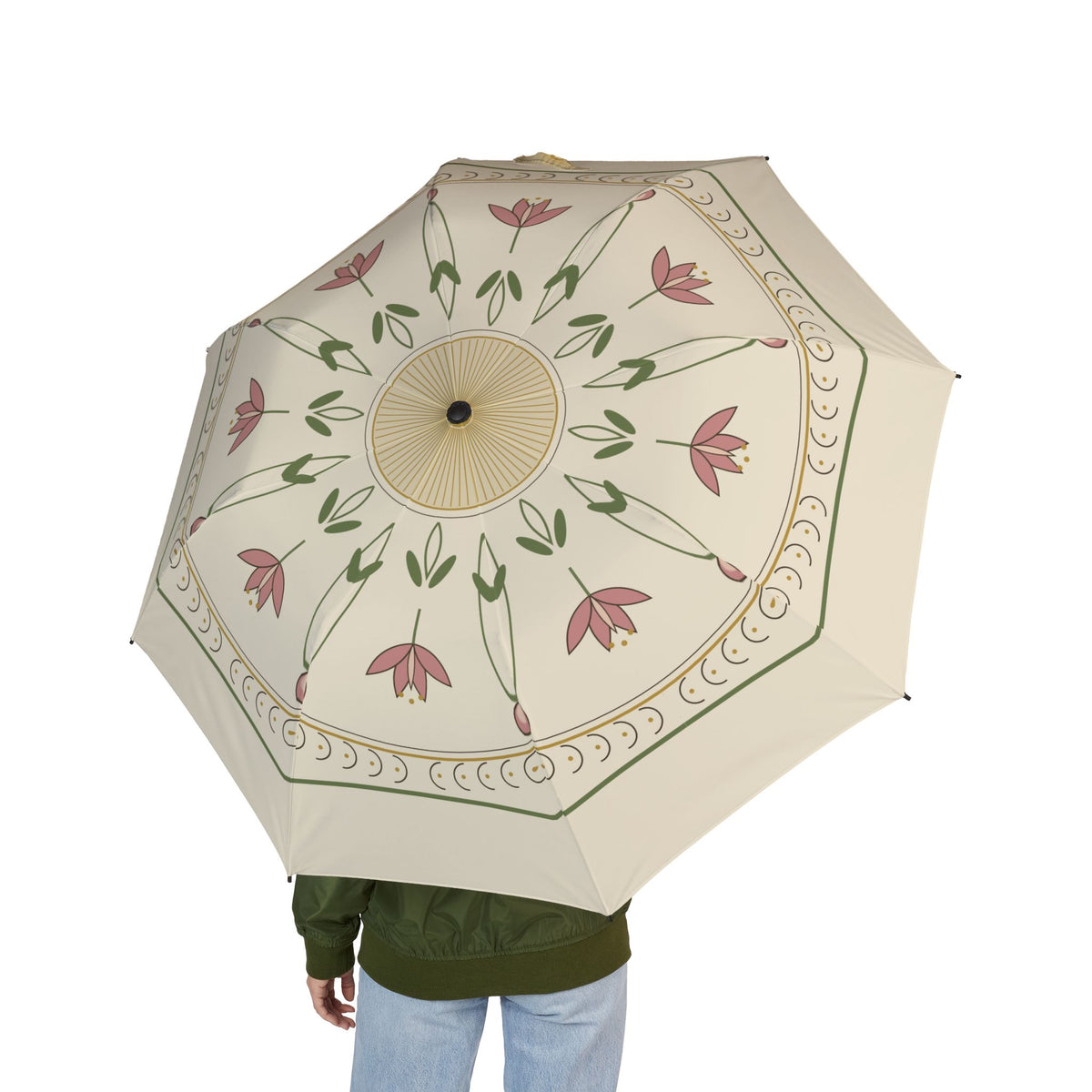 Person holding the Árpád Art Nouveau lily folding umbrella, seen from behind
