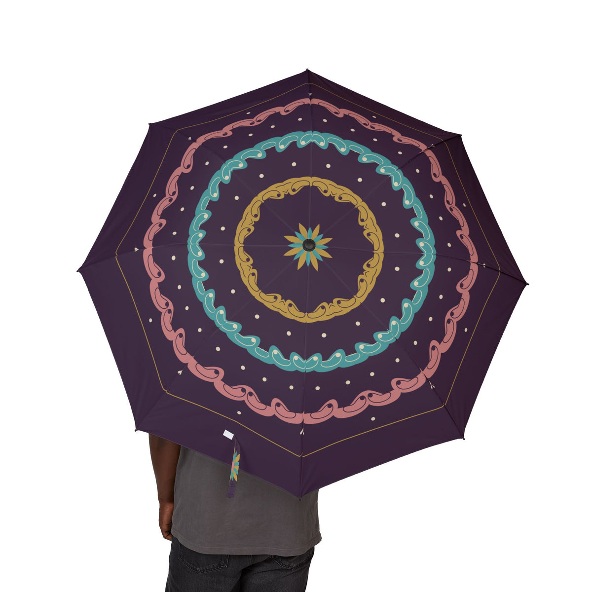 Person holding the Contarini paisley folding umbrella, canopy from above