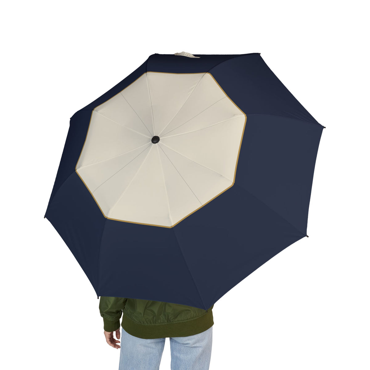 Person holding the Gordon octagon block folding umbrella, seen from behind