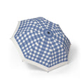 The Hanover navy gingham folding umbrella, open, seen from above