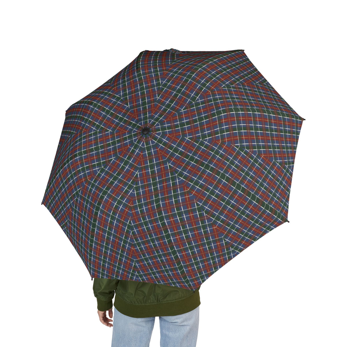 Person holding the Coligny tartan folding umbrella, seen from behind