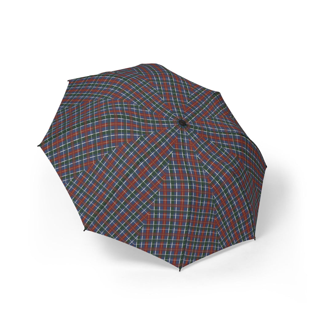 The Coligny tartan folding umbrella, open, seen from above — slate, green and oxblood sett across eight panels