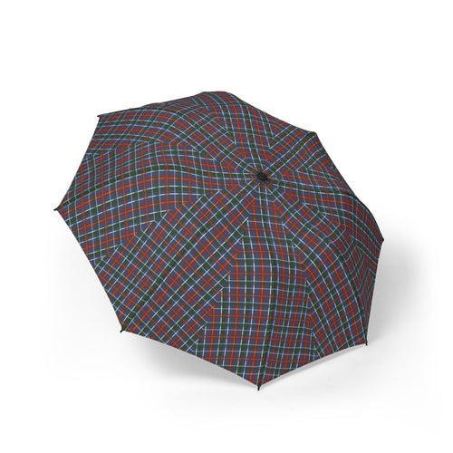 The Coligny tartan folding umbrella, open, seen from above — slate, green and oxblood sett across eight panels