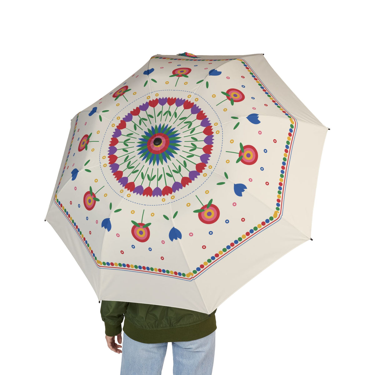 Person holding the Esterházy Kalocsa floral folding umbrella, seen from behind